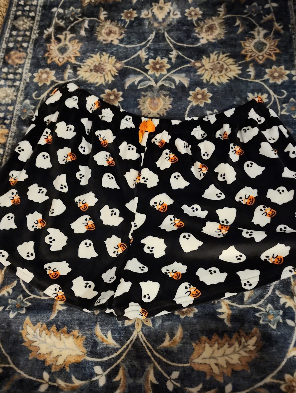 Halloween Ghost Print Sleep Shorts - Black & White with Orange Accents